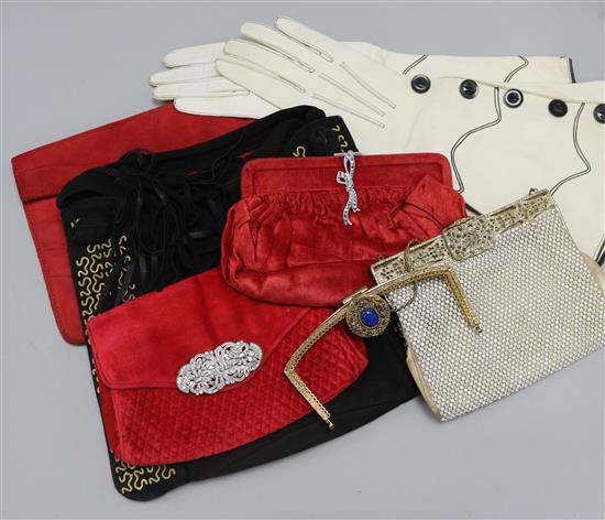 A red and black suede evening bags, a pair of black and white gauntlets, a diamonté bag, etc.